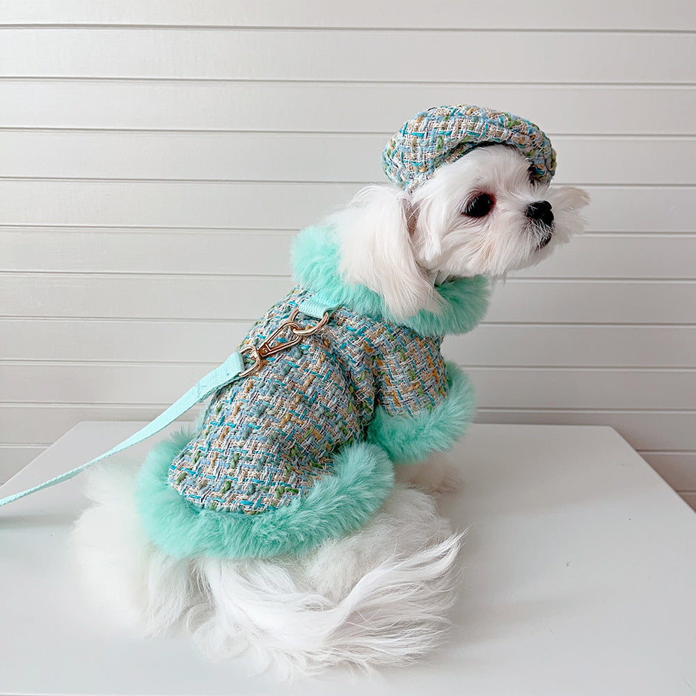Dog cape green tweed +hat+leash sets