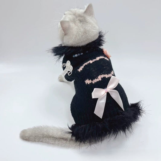 Elegant Bow Knit Dog Sweater Dress