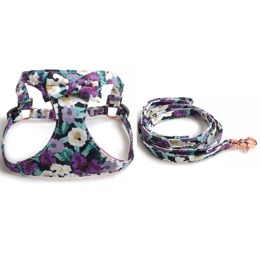 Floral Dog Harness & Leash Set – Soft Padded with Bowtie