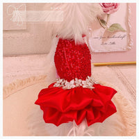 Red Sequin Pearl Dog Dress ? Luxury Holiday & Wedding Pet Gown