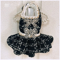 Luxury Black Tweed Rhinestone Dog Dress with Hat ? Elegant French Couture Style