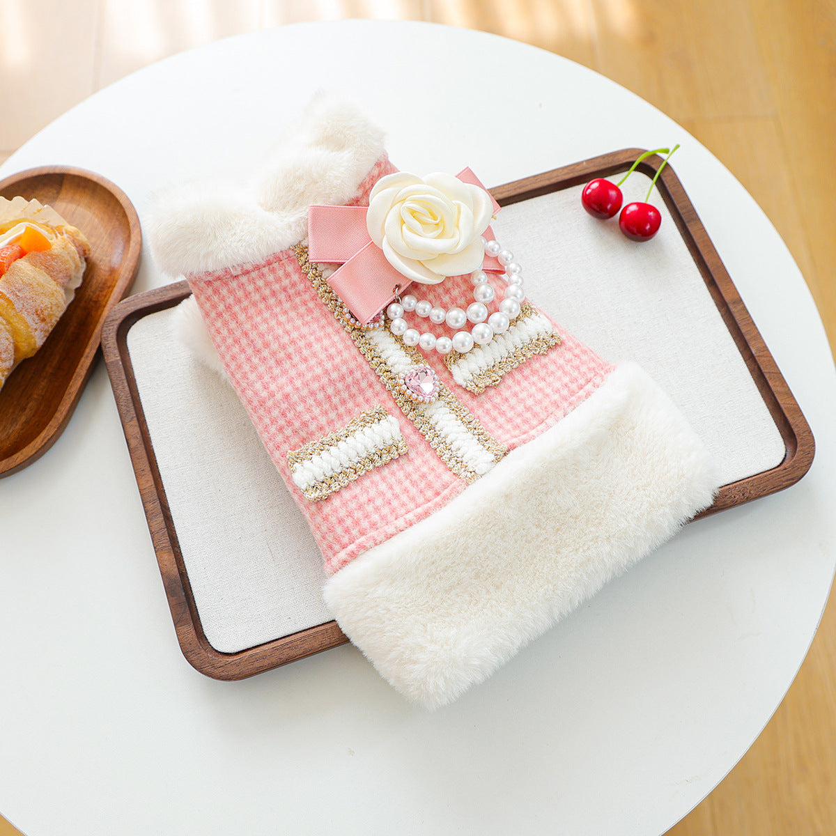 Pink Tweed Pearl Dog Coat Vest with Faux Fur Trim