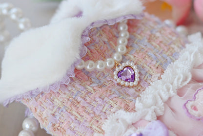 Handmade Teddy Puppy Dress Pink Lace Tweed Skirt