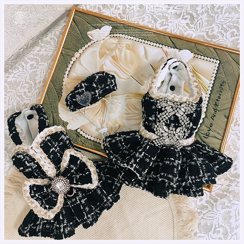 Luxury Black Tweed Rhinestone Dog Dress with Hat ? Elegant French Couture Style