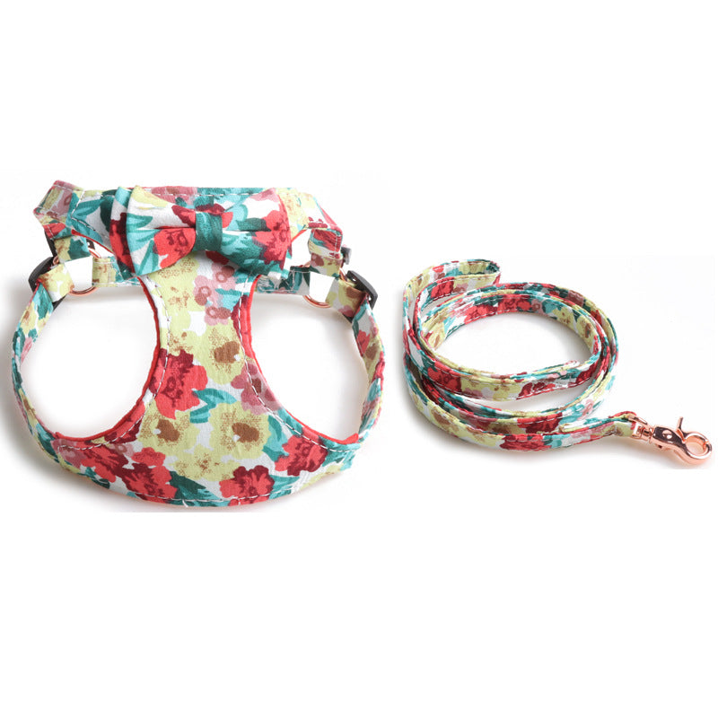 Floral Dog Harness & Leash Set – Soft Padded with Bowtie