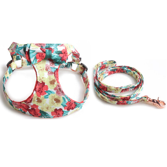 Floral Dog Harness & Leash Set – Soft Padded with Bowtie