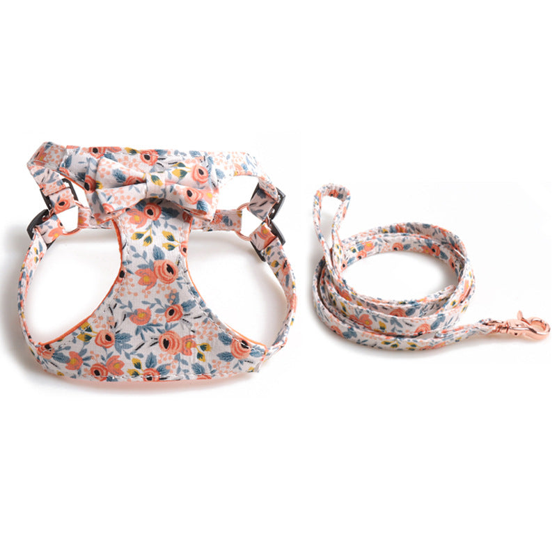 Floral Dog Harness & Leash Set – Soft Padded with Bowtie