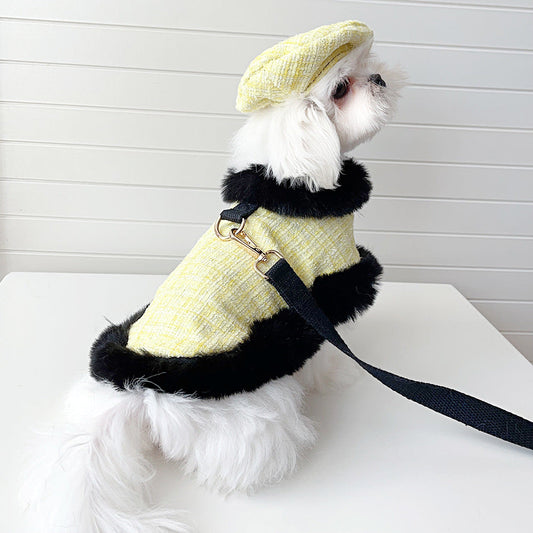 Dog cape+leash sets yellow tweed (no hat)