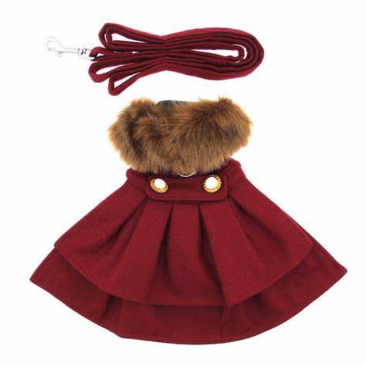 Wool Blend Burgundy Faux Fur Collar Classic Dog Harness Coat with matching Leash