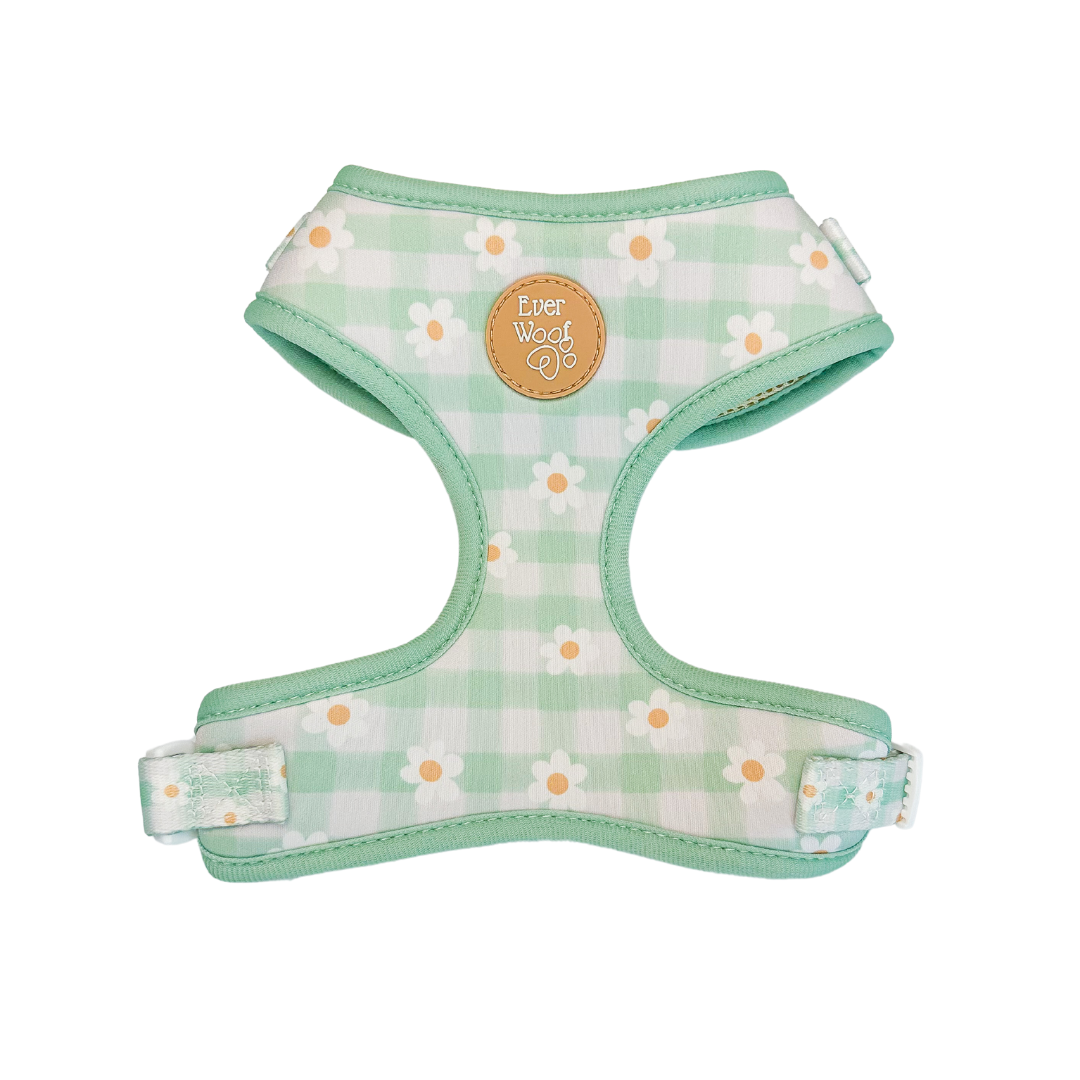 Oopsie Daisy Adjustable Dog Harness by Purrfect Pet Kingdom: Green gingham daisy print breathable neoprene harness.