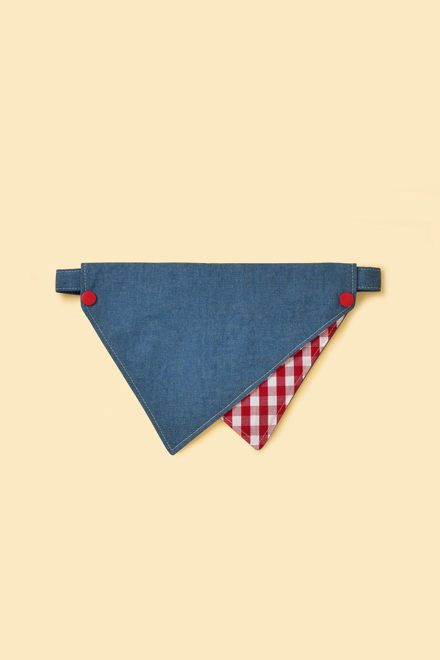 Park Day Denim Gingham Print Handmade Bandana - Dog Bandana - BarkBarkBaby - XS (8 - 9.5'') - sku - 42871765991563