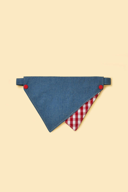 Park Day Denim Gingham Print Handmade Bandana - Dog Bandana - BarkBarkBaby - XS (8 - 9.5'') - sku - 42871765991563