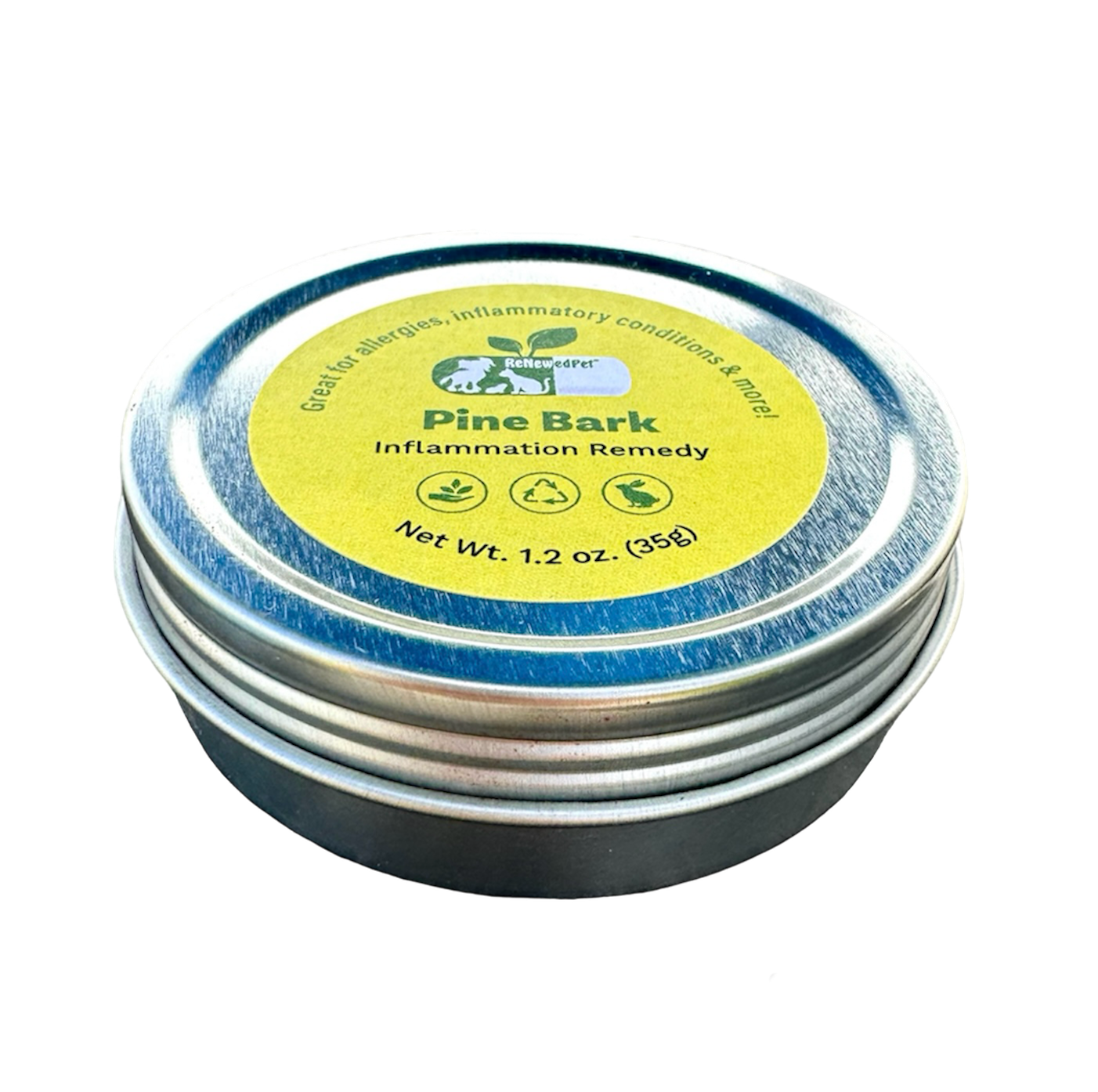 ReNewedPet Pine Bark Inflammation Remedy powder in a round silver metal tin with a yellow and green label.