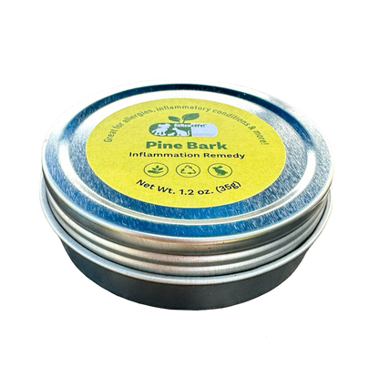 ReNewedPet Pine Bark Inflammation Remedy powder in a round silver metal tin with a yellow and green label.