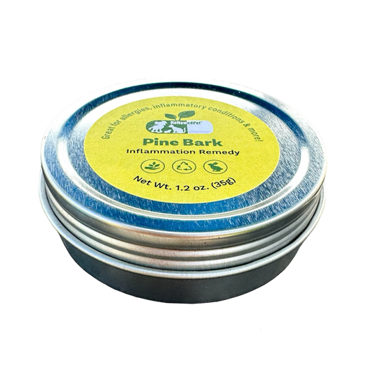 ReNewedPet Pine Bark Inflammation Remedy powder in a round silver metal tin with a yellow and green label.