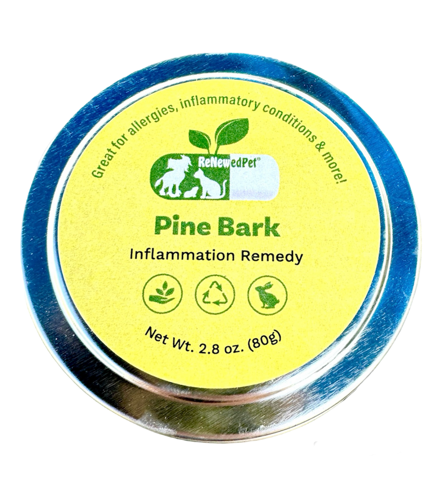 ReNewedPet Pine Bark Inflammation Remedy in a round silver tin with a yellow label and green pet icons.