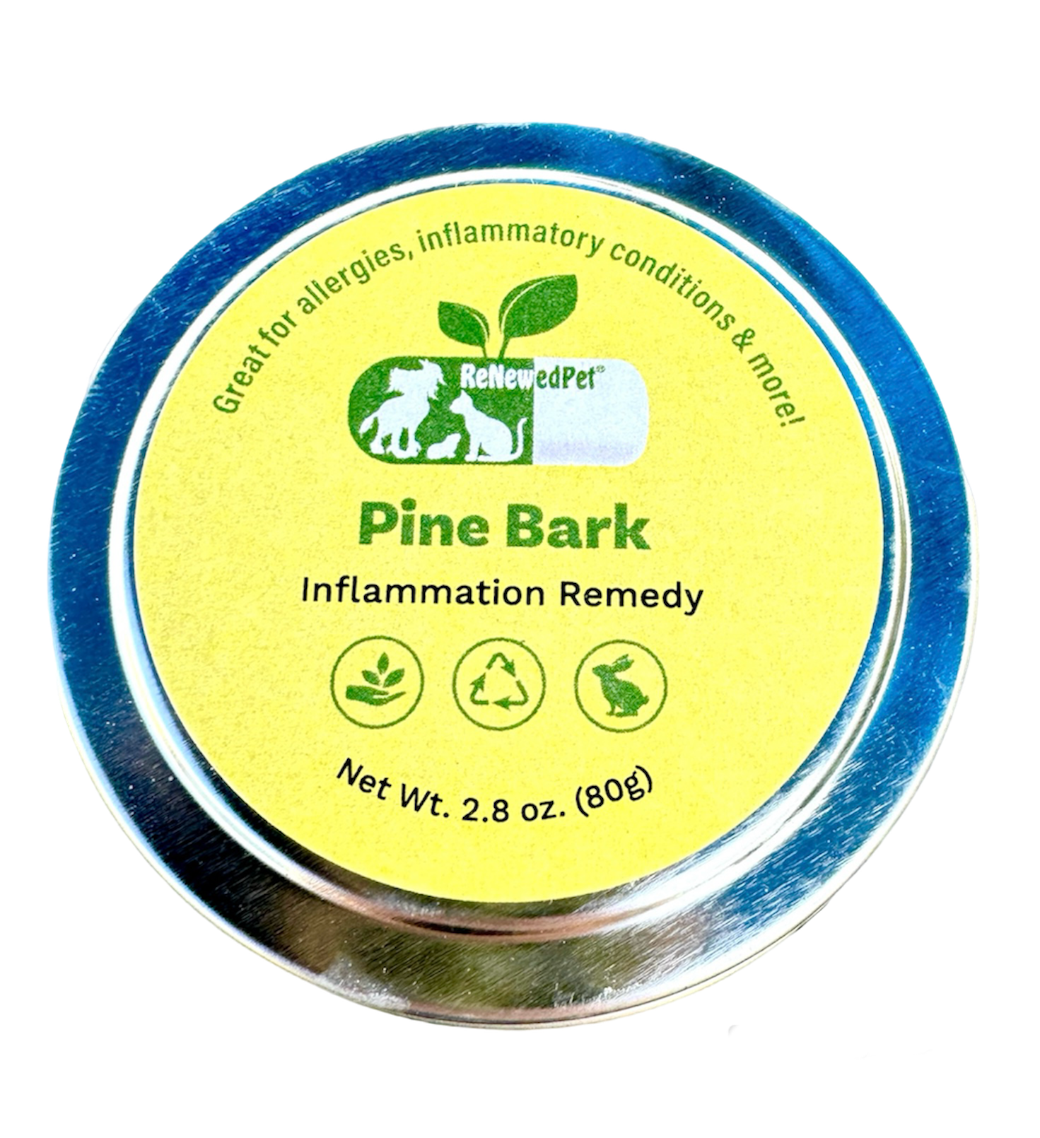 ReNewedPet Pine Bark Inflammation Remedy in a round silver tin with a yellow label and green pet icons.