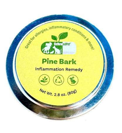 ReNewedPet Pine Bark Inflammation Remedy in a round silver tin with a yellow label and green pet icons.