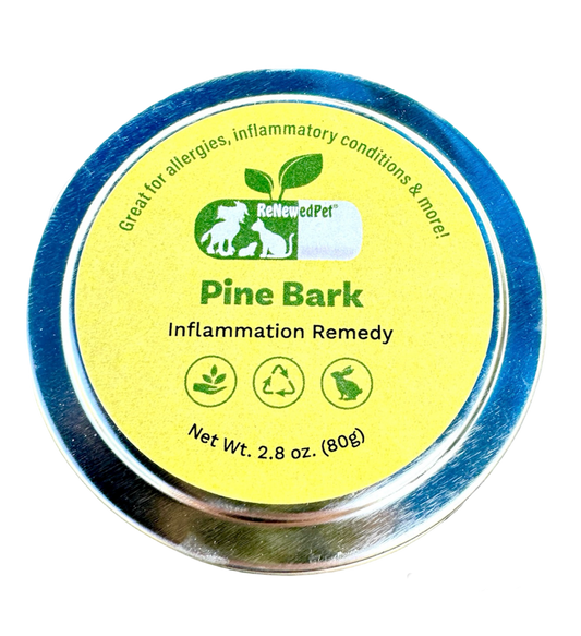 ReNewedPet Pine Bark Inflammation Remedy in a round silver tin with a yellow label and green pet icons.