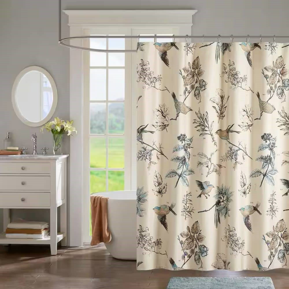 72-inch Beige Khaki Cotton Shower Curtain with Vintage Birds