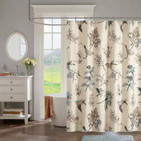 72-inch Beige Khaki Cotton Shower Curtain with Vintage Birds