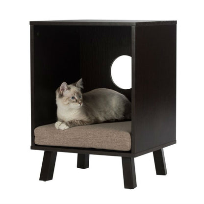Modern Espresso Wooden Cube Cat Bed and Functional End Table