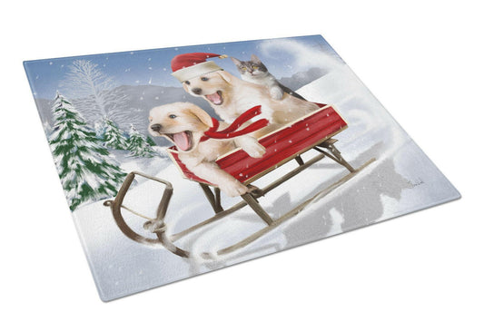 Dogs and Kitten in Sled Need for Speed Glass Cutting Boards – Durable, Decorative Kitchen Art Large PTW2015LCB