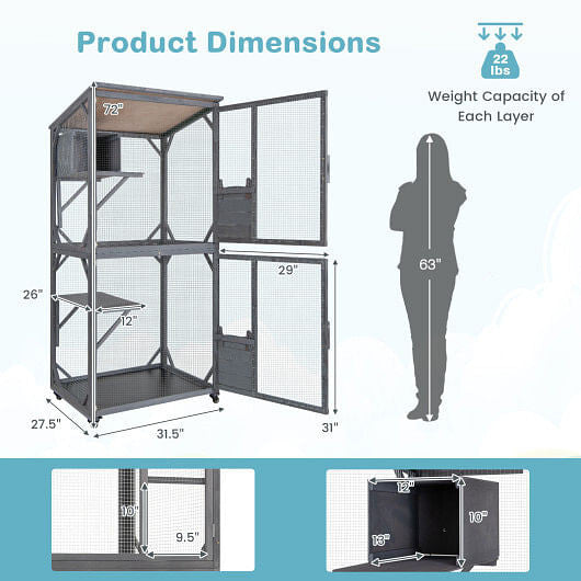 72 Inch TallWooden Cat House with Weatherproof Asphalt Roof-Gray - Purrfect Pet Kingdom