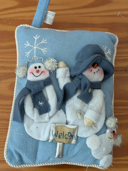 Snowman Welcome Pillow Home Decor Light Blue White Country
