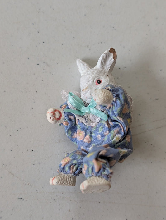 Rabbit Clown Plush Porcelain Doll Blue Pink Yellow Vintage