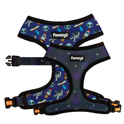 Extra-Furrestrial reversible dog harness featuring alien space print and purple galaxy mesh with black trim.