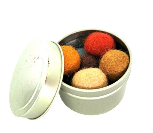 ReNewedPet Organic Wool Cat Ball Toys: Fuzzy earth-toned felted balls in a round silver tin.