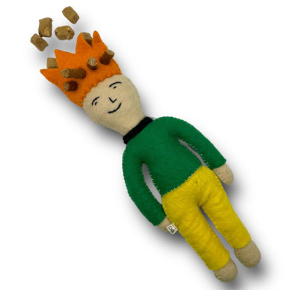 Come Here Buddy felt prince dog toy with green shirt, yellow pants, and treats tucked into its orange crown.