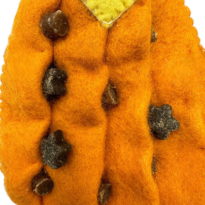 Close-up of orange wool Prince and Princess Felt Dog Toy with dark brown star-shaped accents by Come Here Buddy.