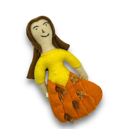 Come Here Buddy Princess felt dog toy with yellow top and orange skirt featuring pockets to hide treats.