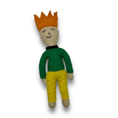 Prince Felt Dog Toy by Come Here Buddy featuring an orange crown, green shirt, yellow pants, and stitched face.