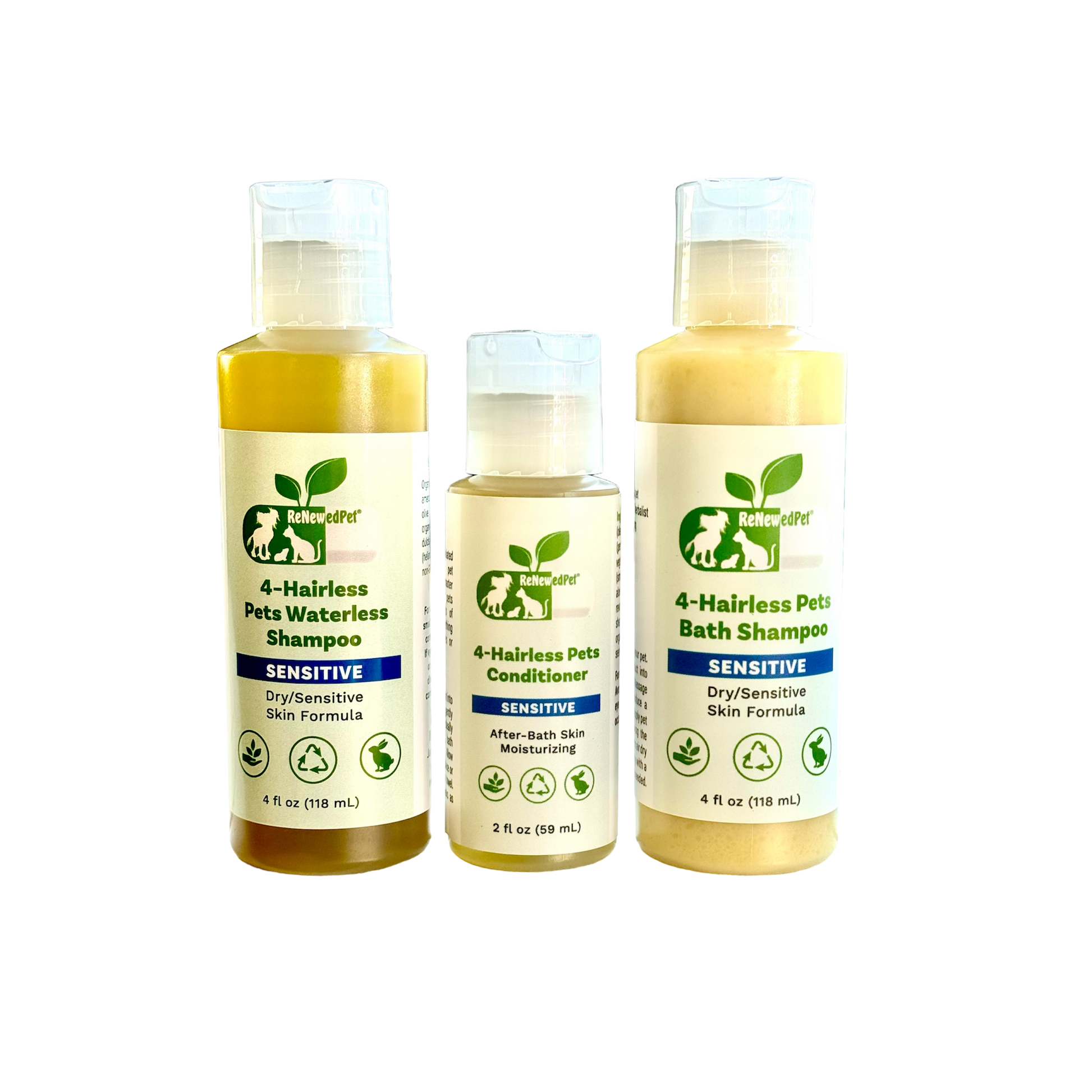 4 - HAIRLESS PETS SENSITIVE SHAMPOO, WATERLESS & CONDITIONER KIT - 4 Nudie Pets - ReNewedPet - HALF SIZE  ($4.95/oz.) - SENTRPCOMBOHALF