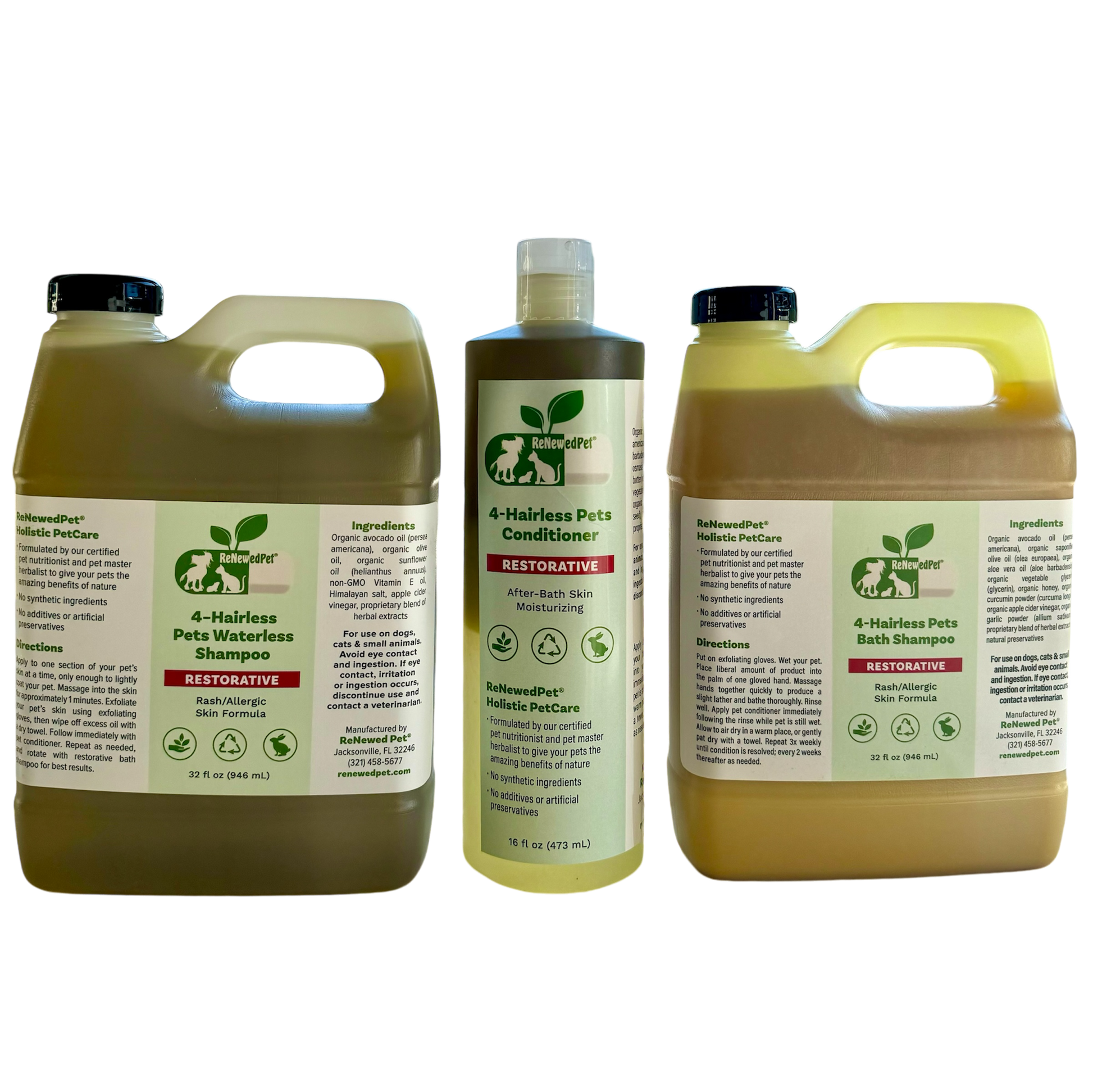 4 - HAIRLESS PETS RESTORATIVE SHAMPOO, WATERLESS & CONDITIONER - 4 Nudie Pets - ReNewedPet