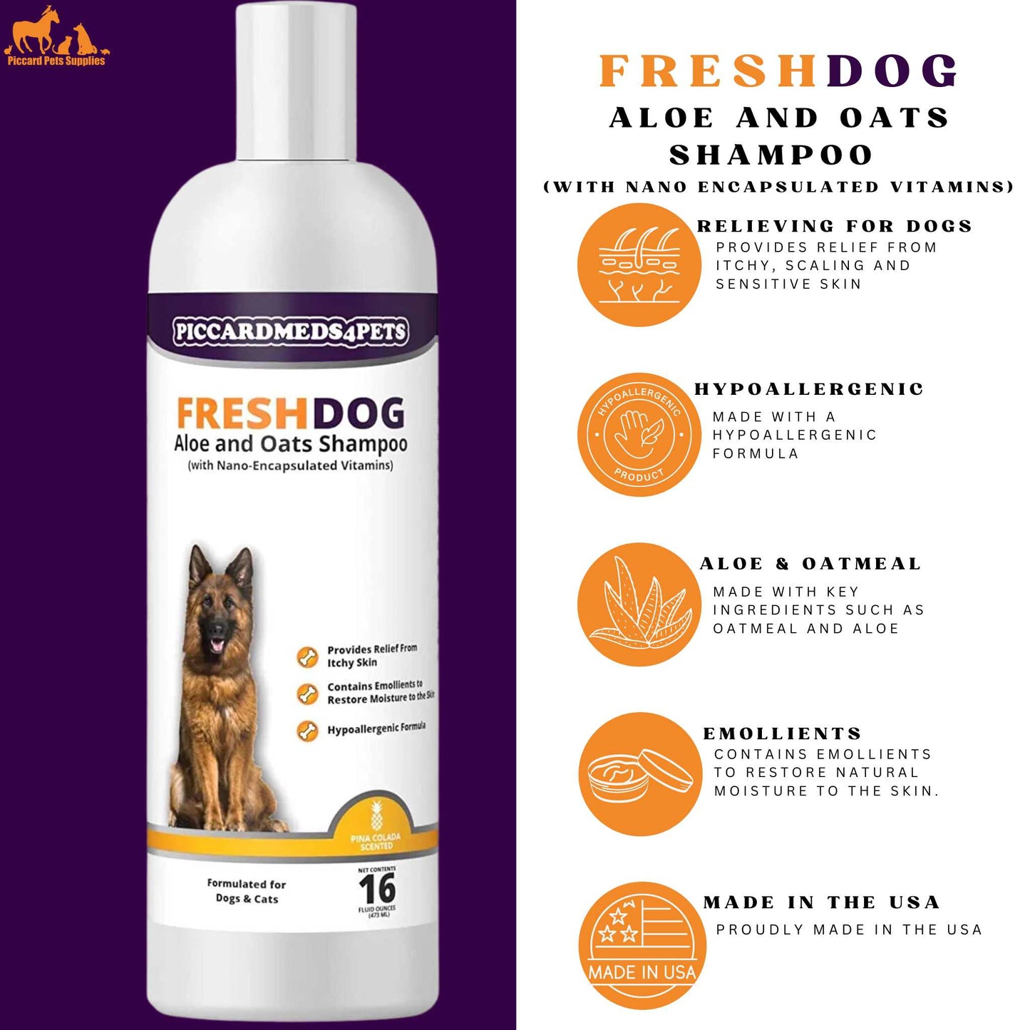 Piccardmeds4pets Aloe Oats Dog Shampoo 16oz + HandsOn
