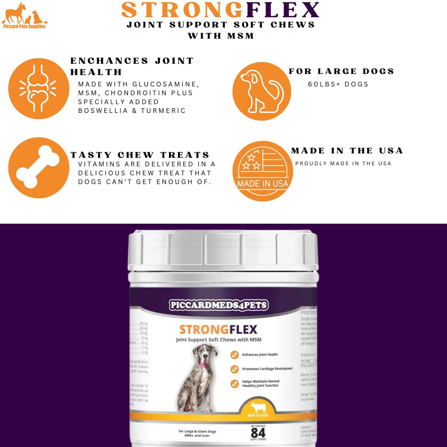 Piccardmeds4pets StrongFlex Joint Support Large Dogs 84ct + FREE Bandana!