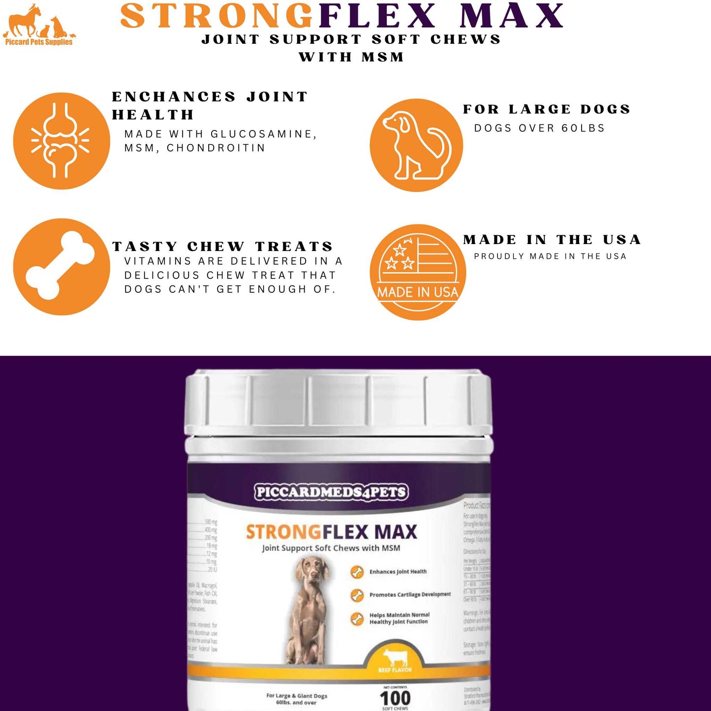 Piccardmeds4pets StrongFlex Max Joint Support Chews Large Dogs 100ct  + FREE Bandana!
