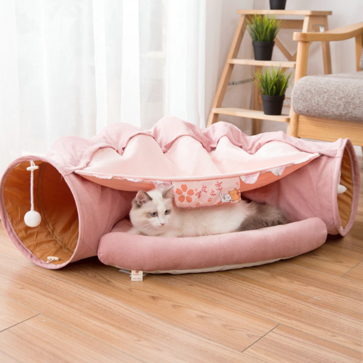 Collapsible Removable Cat Tunnel Tube With Cat Bed Set - Purrfect Pet Kingdom