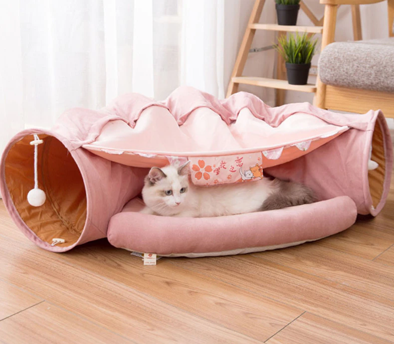 Collapsible Removable Cat Tunnel Tube With Cat Bed Set - Purrfect Pet Kingdom