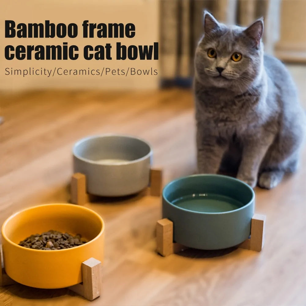 Ceramic Raised Cat Bowl w/ Wood Stand - Ameraeon