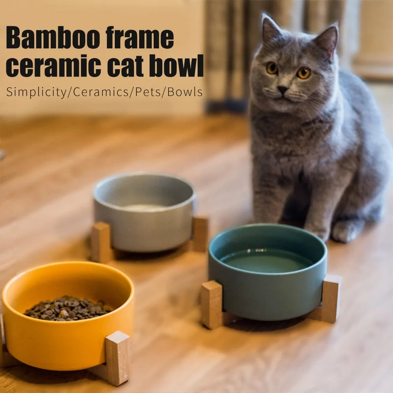 Raised Cat Bowl Ceramic With Wood Stand - Purrfect Pet Kingdom