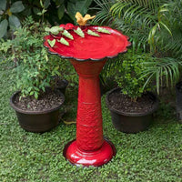 Red Metal Outdoor Garden Patio Birdbath with Decorative Bird