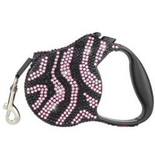 Zebra Pink Crystal Retractable Leash