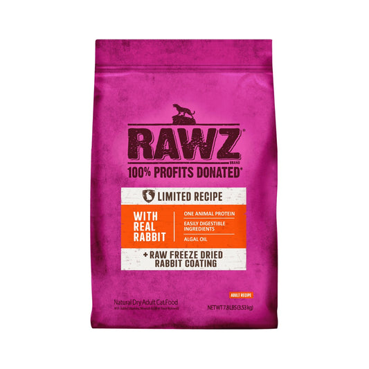 RAWZ Rabbit Recipe grain-free dry cat food in a bright pink bag. Purrfect Pet Kingdom premium adult cat kibble.