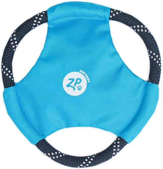 ZippyPaws blue fabric flying disc dog toy with a black and white reflective rope frame and ZippyPaws logo.