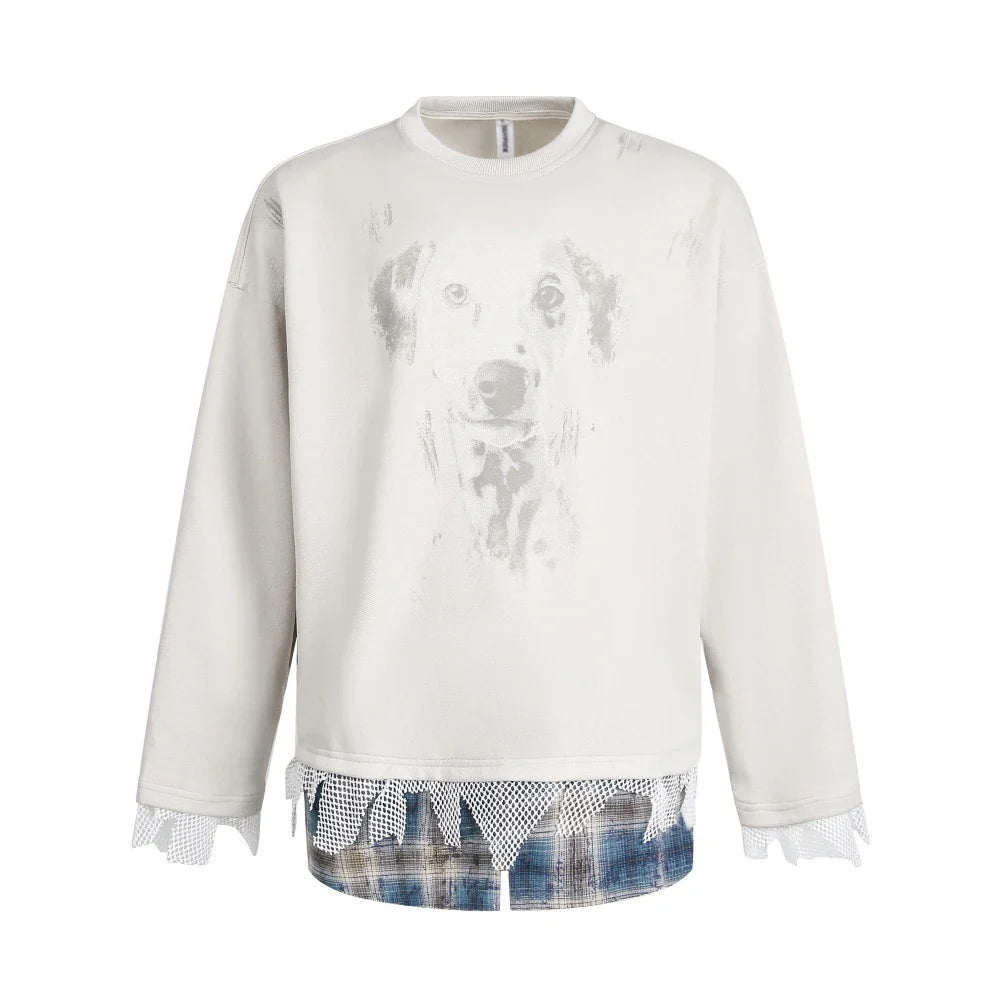 Dog Print Fake Two-Piece Men's Sweatshirt - Retro Patchwork Crew Neck - Purrfect Pet Kingdom